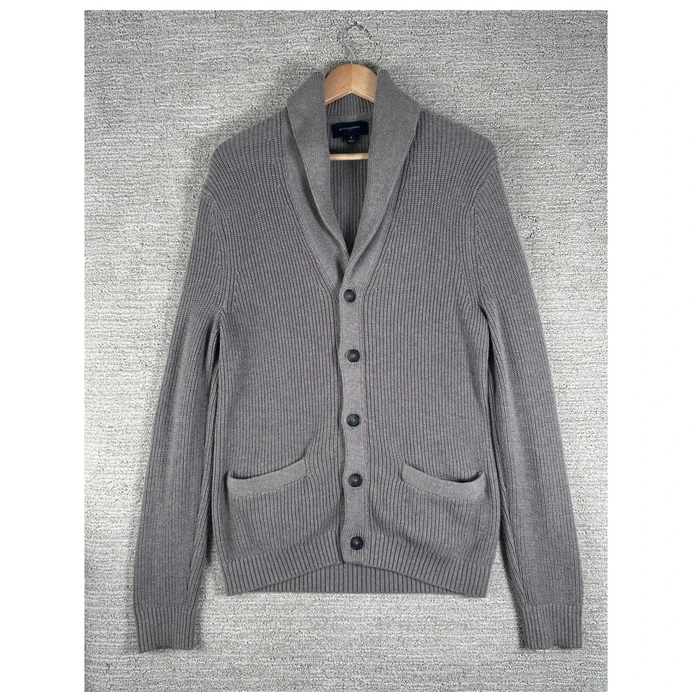 Banana Republic Mens Shawl Collar Cardigan Sweater Taupe Gray Ribbed Knit Small